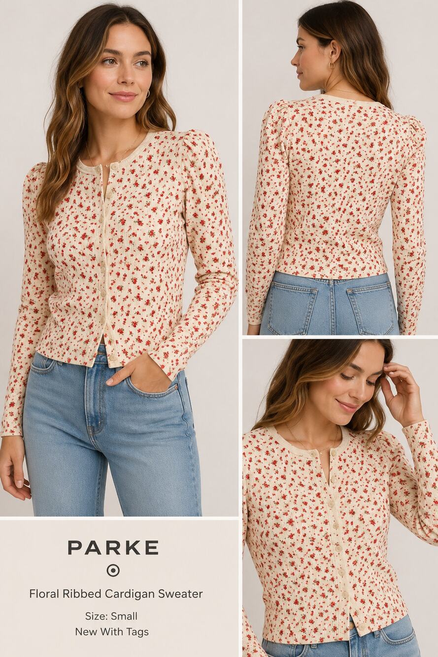 NWT Parke for Target Floral Ribbed Button Front Cardigan Sweater Cream Red Small